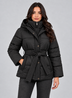 Women’s Hooded Puffer Jacket – Quilted Belted Winter Coat