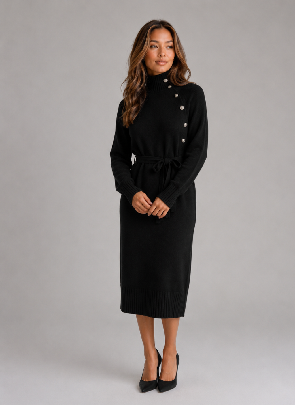 Women’s Cotton Knitted Midi Dress – Turtleneck Belted Sweater Dress