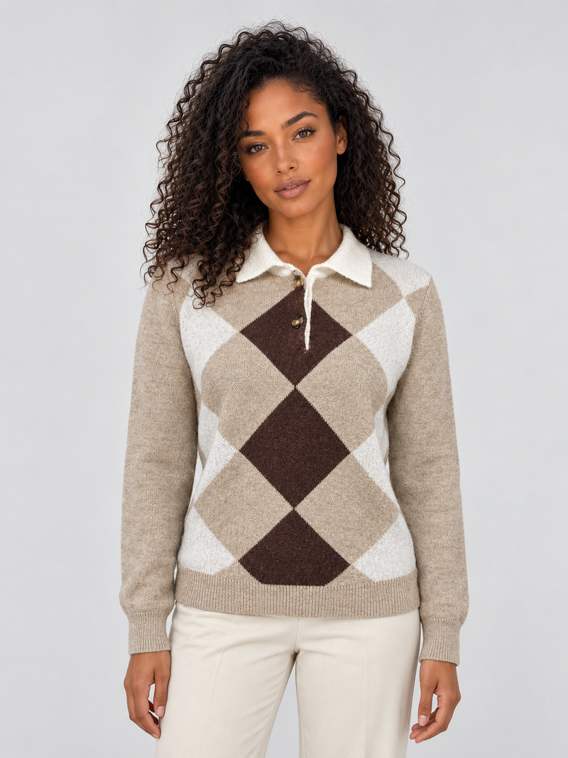 Women’s Argyle Collared Sweater – Button Neck Knit Pullover