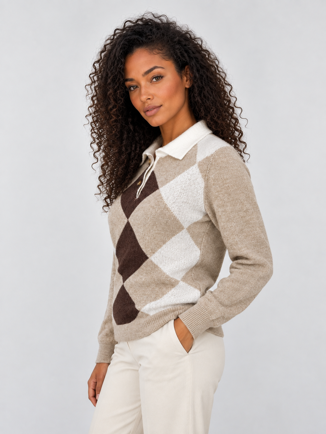 Women’s Argyle Collared Sweater – Button Neck Knit Pullover