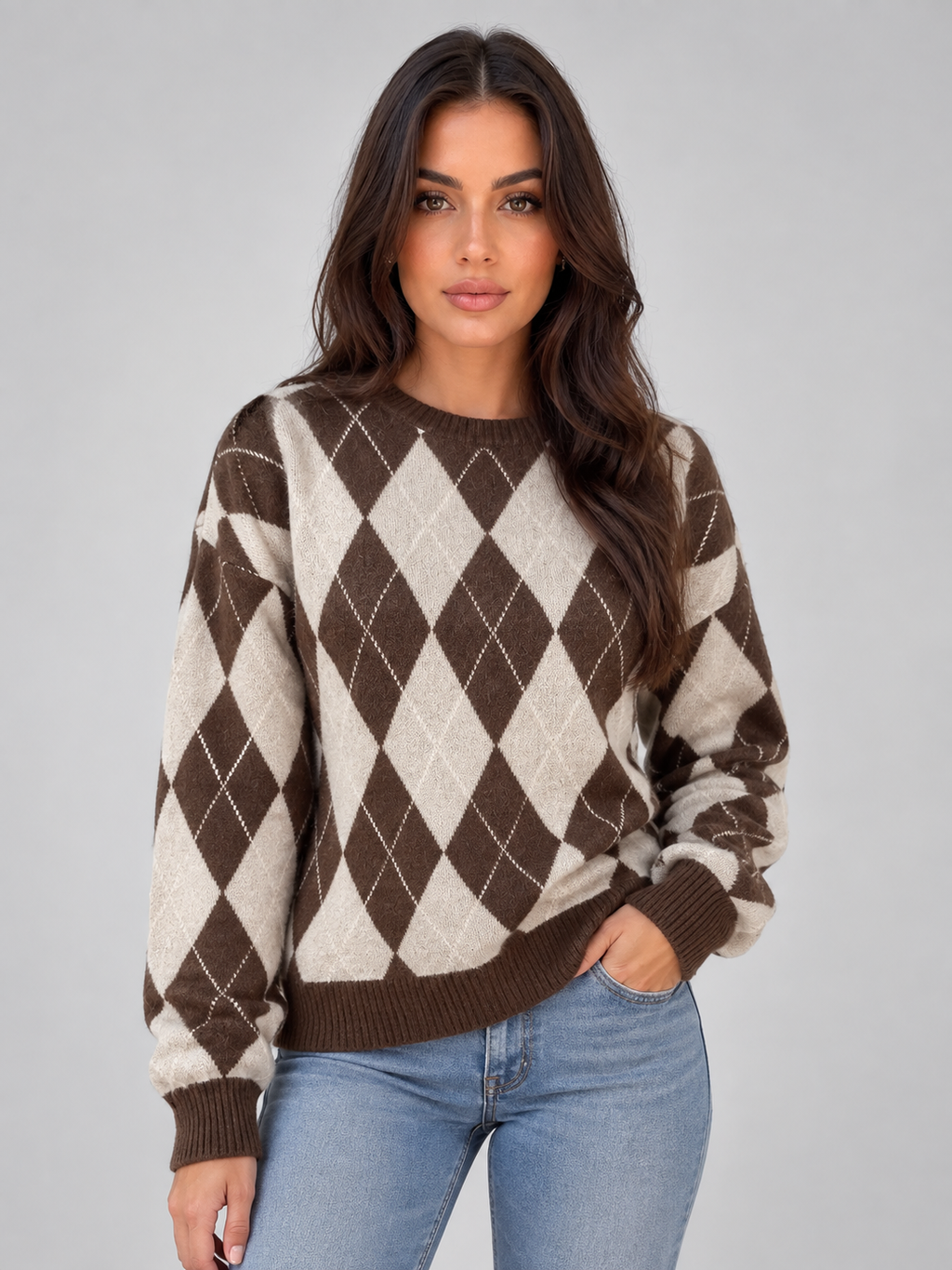 Women’s Argyle Knit Sweater – Crew Neck Diamond Pattern Pullover