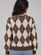 Women’s Argyle Knit Sweater – Crew Neck Diamond Pattern Pullover