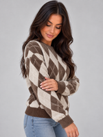 Women’s Argyle Knit Sweater – Crew Neck Diamond Pattern Pullover