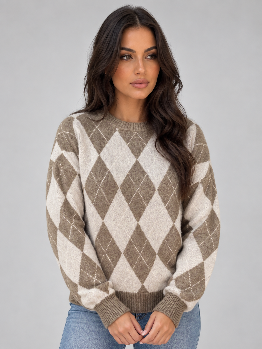 Women’s Argyle Knit Sweater – Crew Neck Diamond Pattern Pullover