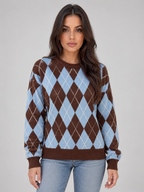 Women’s Argyle Knit Sweater – Crew Neck Diamond Pattern Pullover