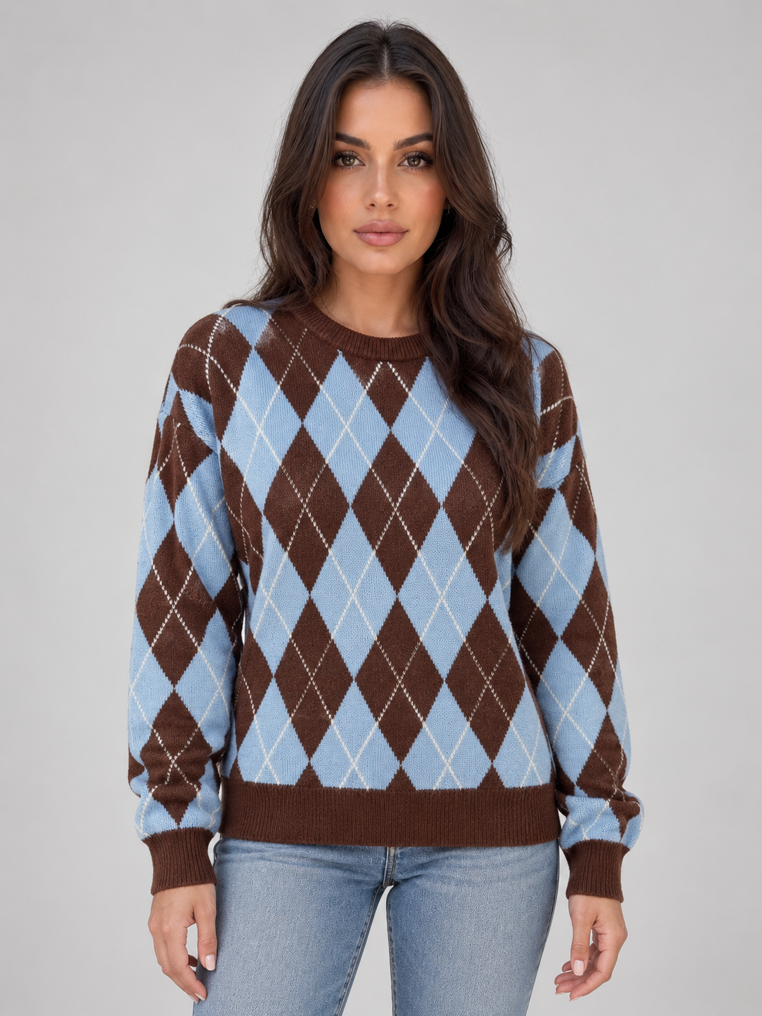 Women’s Argyle Knit Sweater – Crew Neck Diamond Pattern Pullover