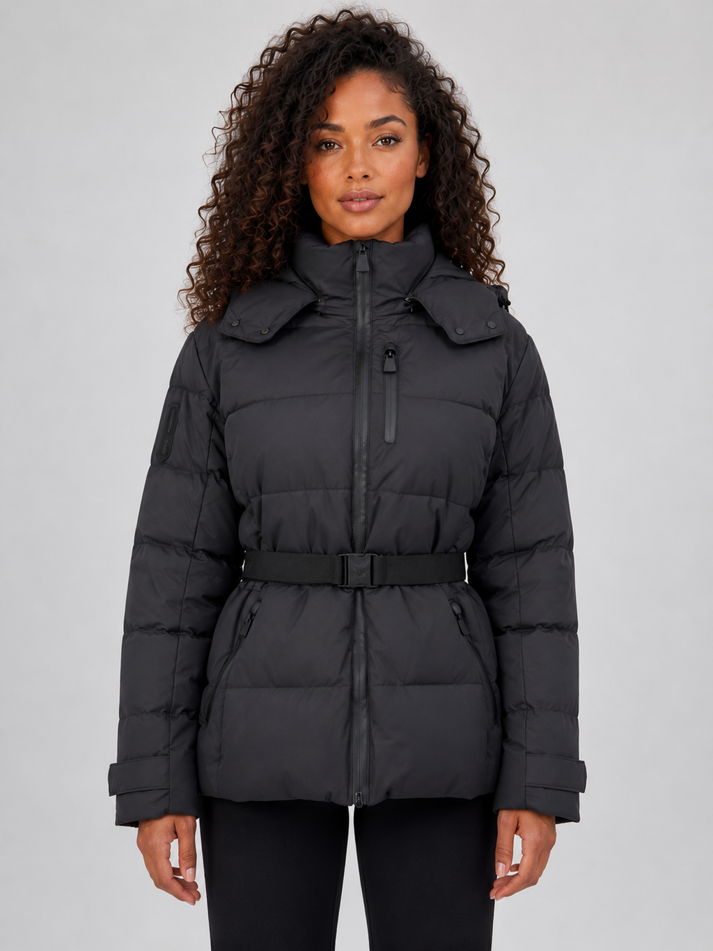 Women’s Belted Hooded Puffer Jacket – Warm Padded Winter Coat