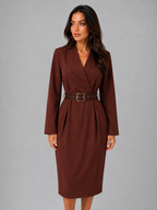 Women’s Belted Midi Dress – V-Neck Tailored Long Sleeve
