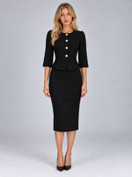 Women’s Two-Piece Skirt Suit – Gold Button Peplum Jacket & Pencil Skirt