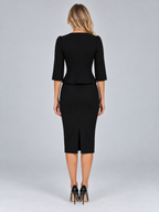 Women’s Two-Piece Skirt Suit – Gold Button Peplum Jacket & Pencil Skirt