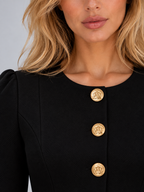 Women’s Two-Piece Skirt Suit – Gold Button Peplum Jacket & Pencil Skirt