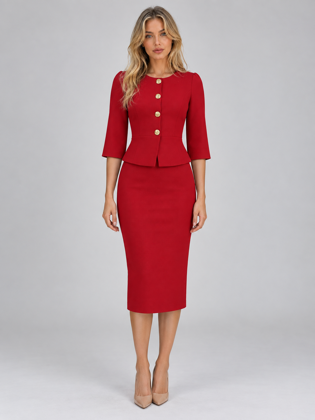Women’s Two-Piece Skirt Suit – Gold Button Peplum Jacket & Pencil Skirt