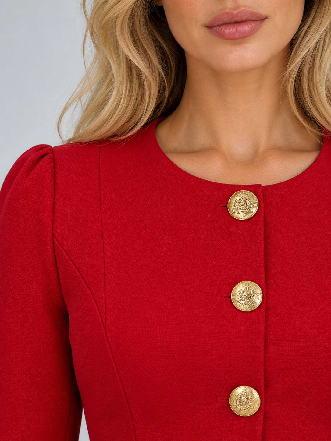 Women’s Two-Piece Skirt Suit – Gold Button Peplum Jacket & Pencil Skirt