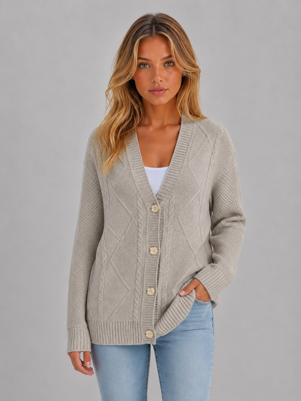 Women's Cable Knit Cardigan – Soft V-Neck Button Front Sweater