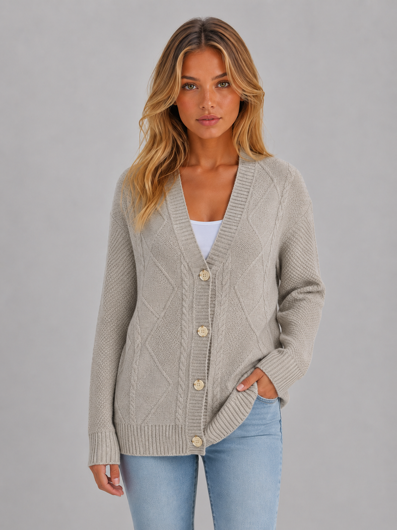 Women's Cable Knit Cardigan – Soft V-Neck Button Front Sweater