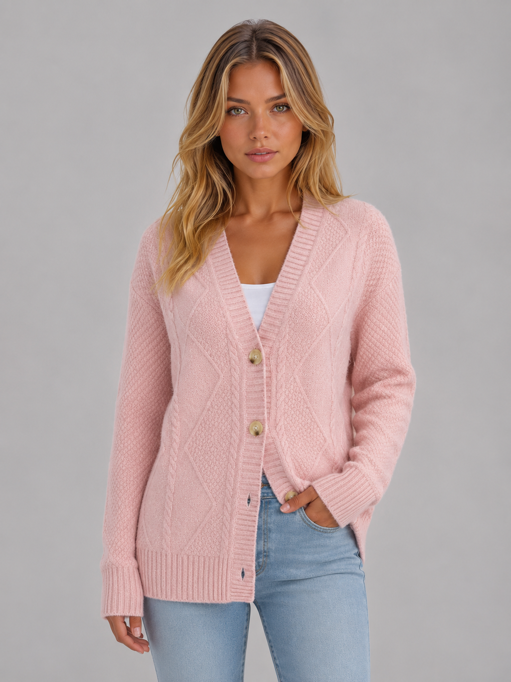 Women's Cable Knit Cardigan – Soft V-Neck Button Front Sweater