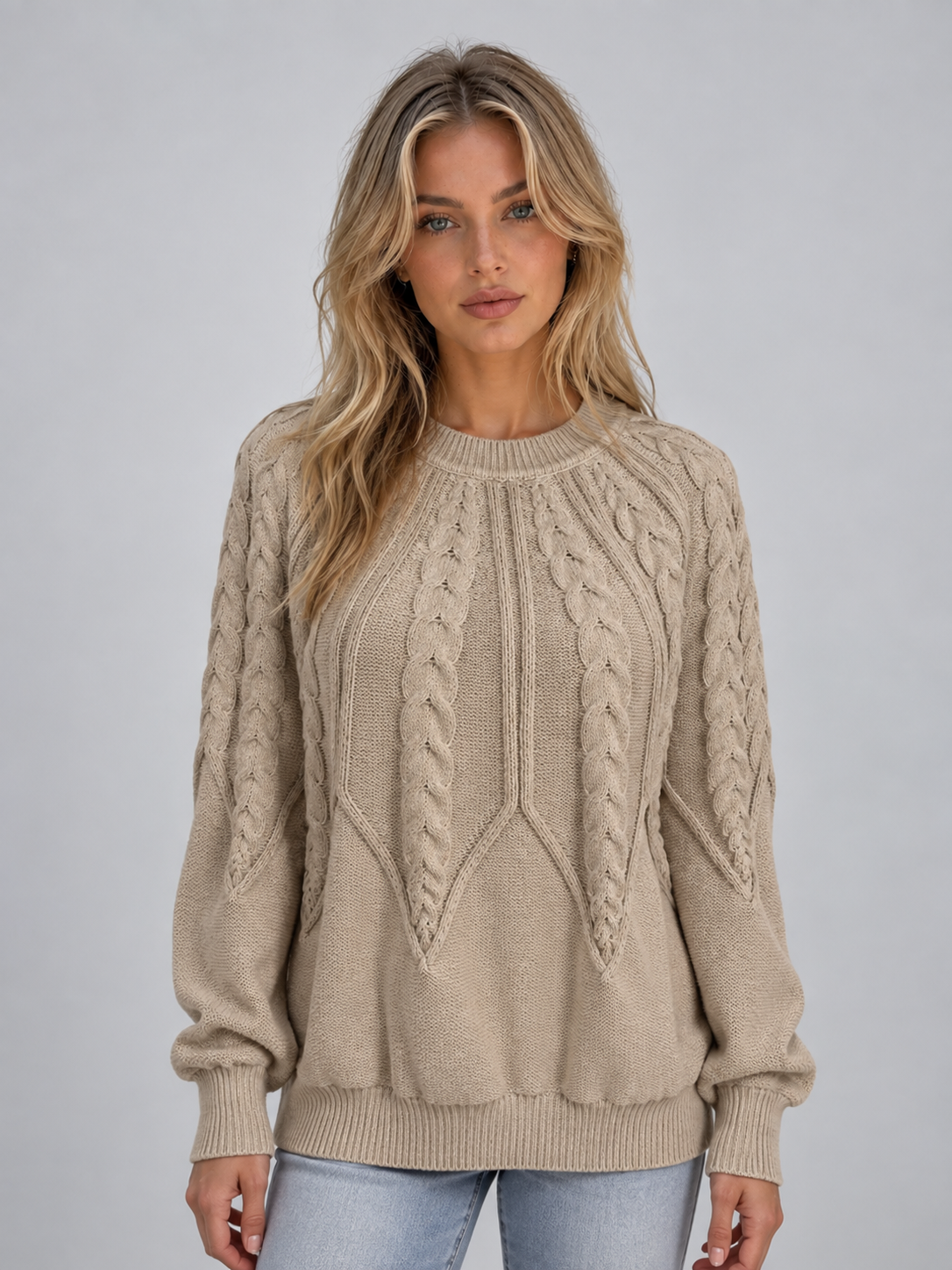 Women’s Cable Knit Sweater – Crew Neck Long Sleeve Pullover