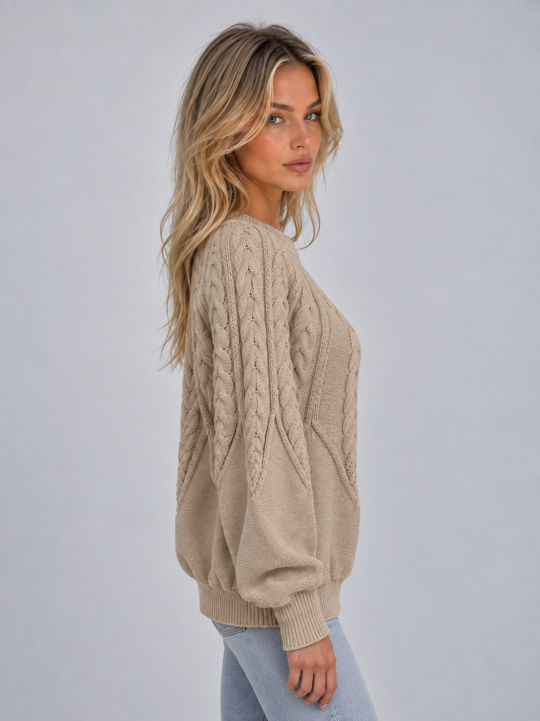 Women’s Cable Knit Sweater – Crew Neck Long Sleeve Pullover
