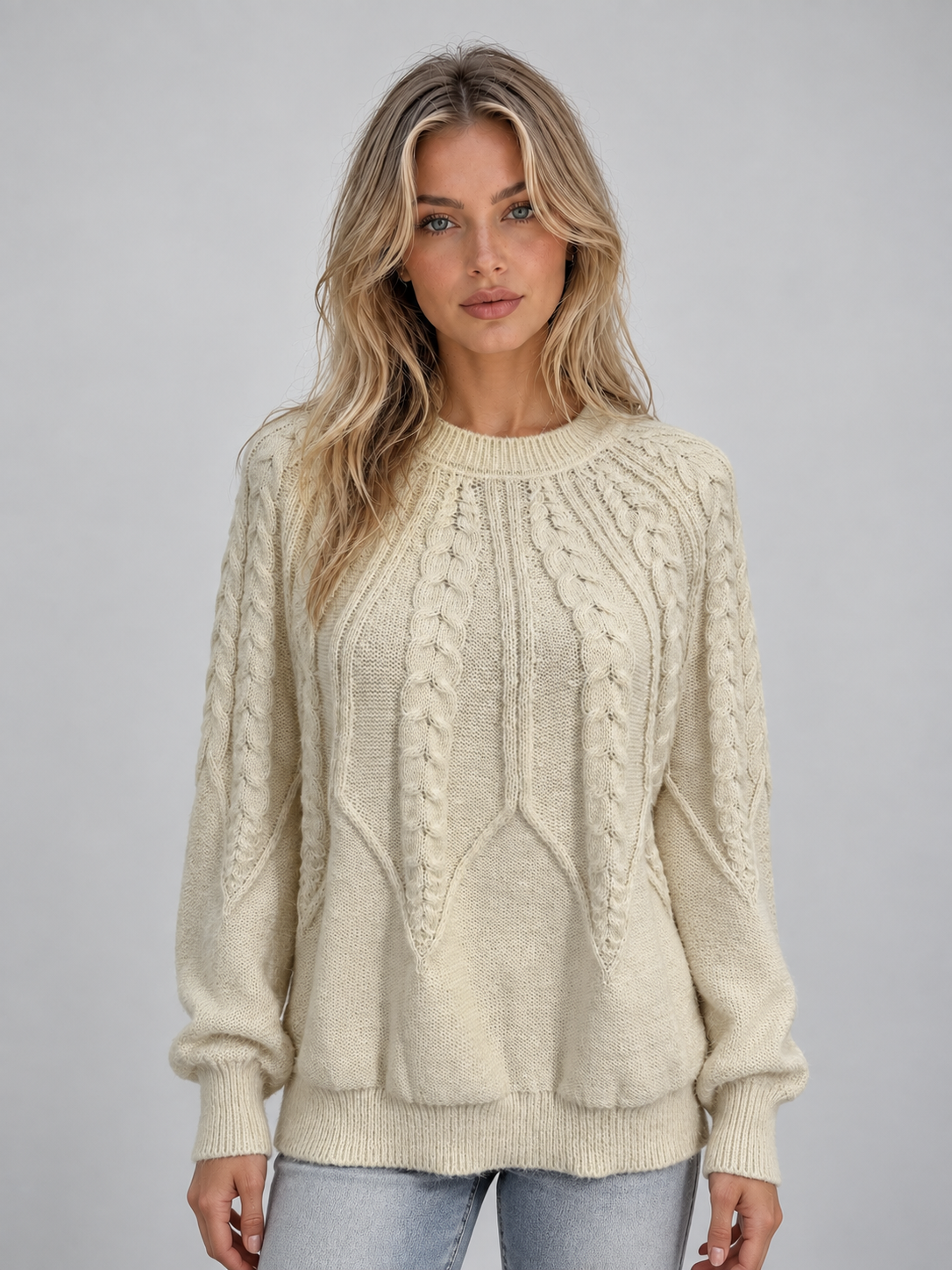 Women’s Cable Knit Sweater – Crew Neck Long Sleeve Pullover