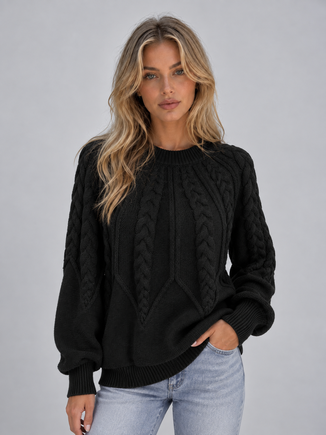 Women’s Cable Knit Sweater – Crew Neck Long Sleeve Pullover