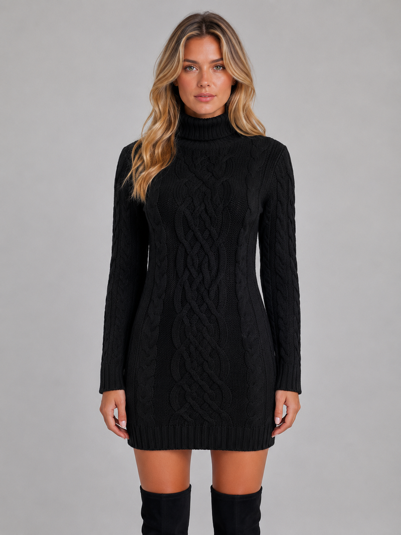 Women's Cable Knit Jumper Dress – Roll Neck Winter Sweater Dress