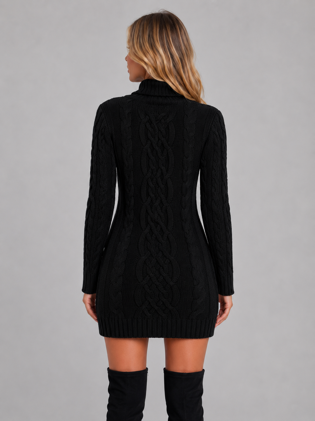 Women's Cable Knit Jumper Dress – Roll Neck Winter Sweater Dress