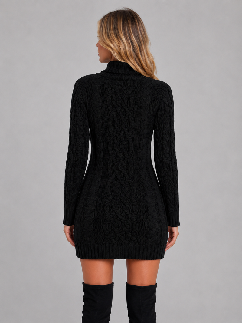 Women's Cable Knit Jumper Dress – Roll Neck Winter Sweater Dress