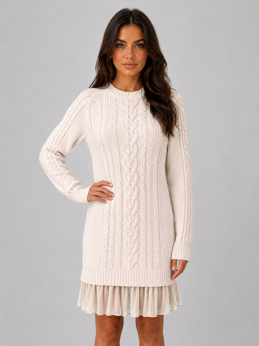 Women's Cable Knit Sweater Mini Dress – Pleated Hem Long Sleeve