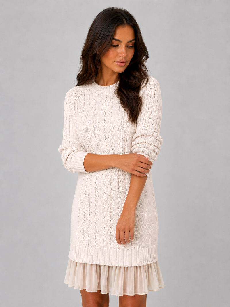 Women's Cable Knit Sweater Mini Dress – Pleated Hem Long Sleeve