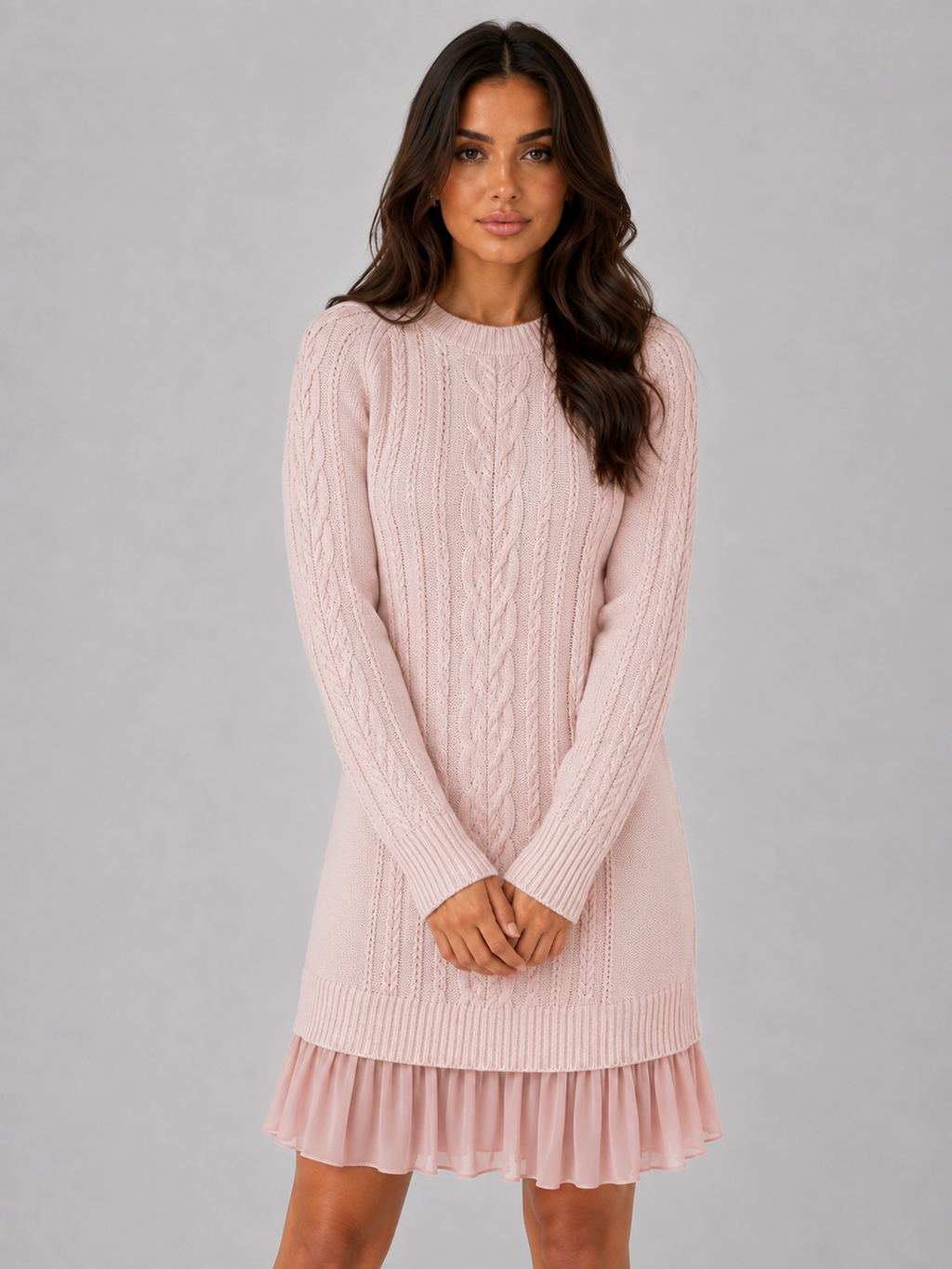 Women's Cable Knit Sweater Mini Dress – Pleated Hem Long Sleeve