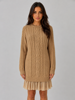 Women's Cable Knit Sweater Mini Dress – Pleated Hem Long Sleeve