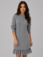 Women's Cable Knit Sweater Mini Dress – Pleated Hem Long Sleeve