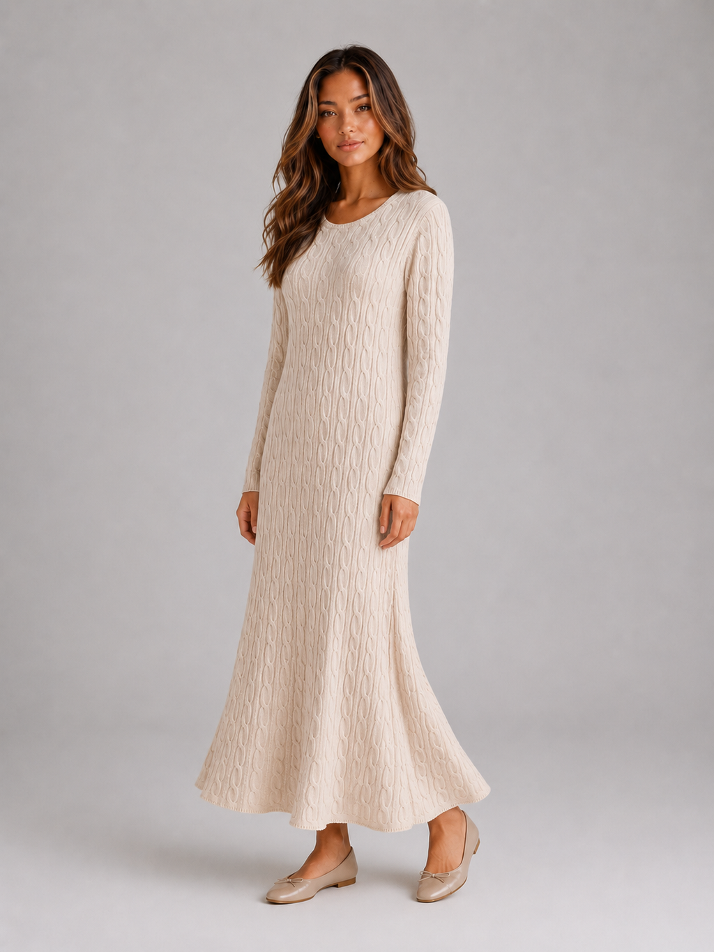 Women's Cable Knit Maxi Dress – Long Sleeve Sweater Dress