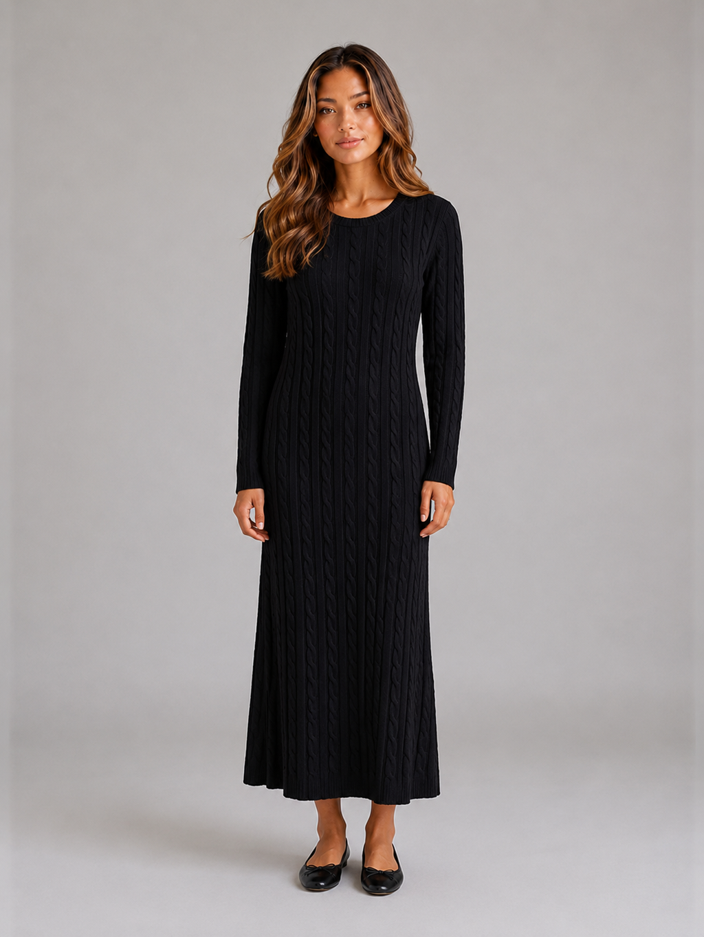 Women's Cable Knit Maxi Dress – Long Sleeve Sweater Dress