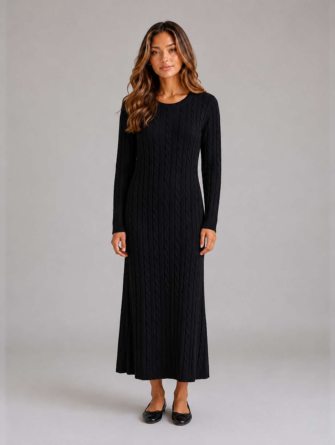 Women's Cable Knit Maxi Dress – Long Sleeve Sweater Dress