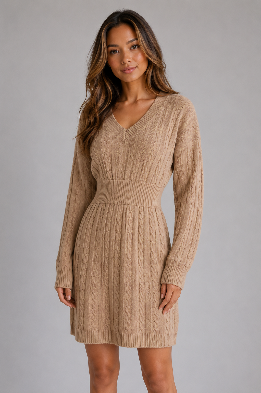 Women's Cable Knit Midi Dress – V-Neck Shirred Waist Fit