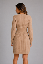 Women's Cable Knit Midi Dress – V-Neck Shirred Waist Fit