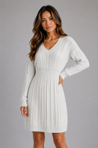 Women's Cable Knit Midi Dress – V-Neck Shirred Waist Fit