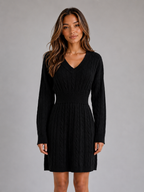 Women's Cable Knit Midi Dress – V-Neck Shirred Waist Fit