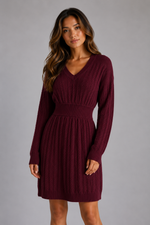Women's Cable Knit Midi Dress – V-Neck Shirred Waist Fit