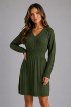 Women's Cable Knit Midi Dress – V-Neck Shirred Waist Fit