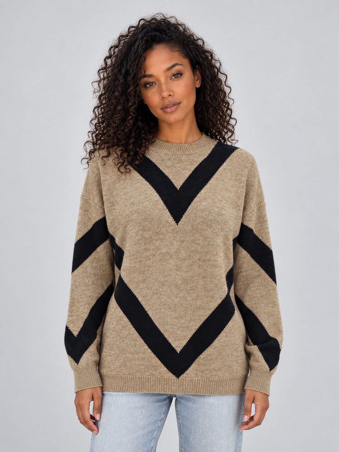 Women’s Chevron Knit Sweater – Crew Neck Relaxed Fit Pullover