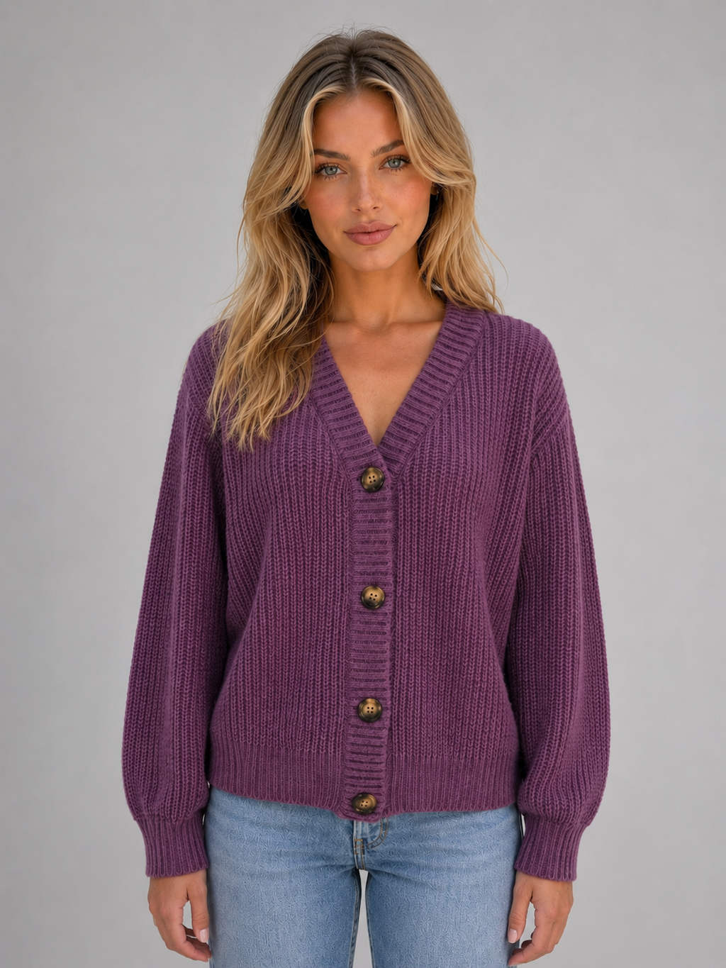 Women's Chunky Knit Cardigan – Button Front Ribbed V-Neck Sweater