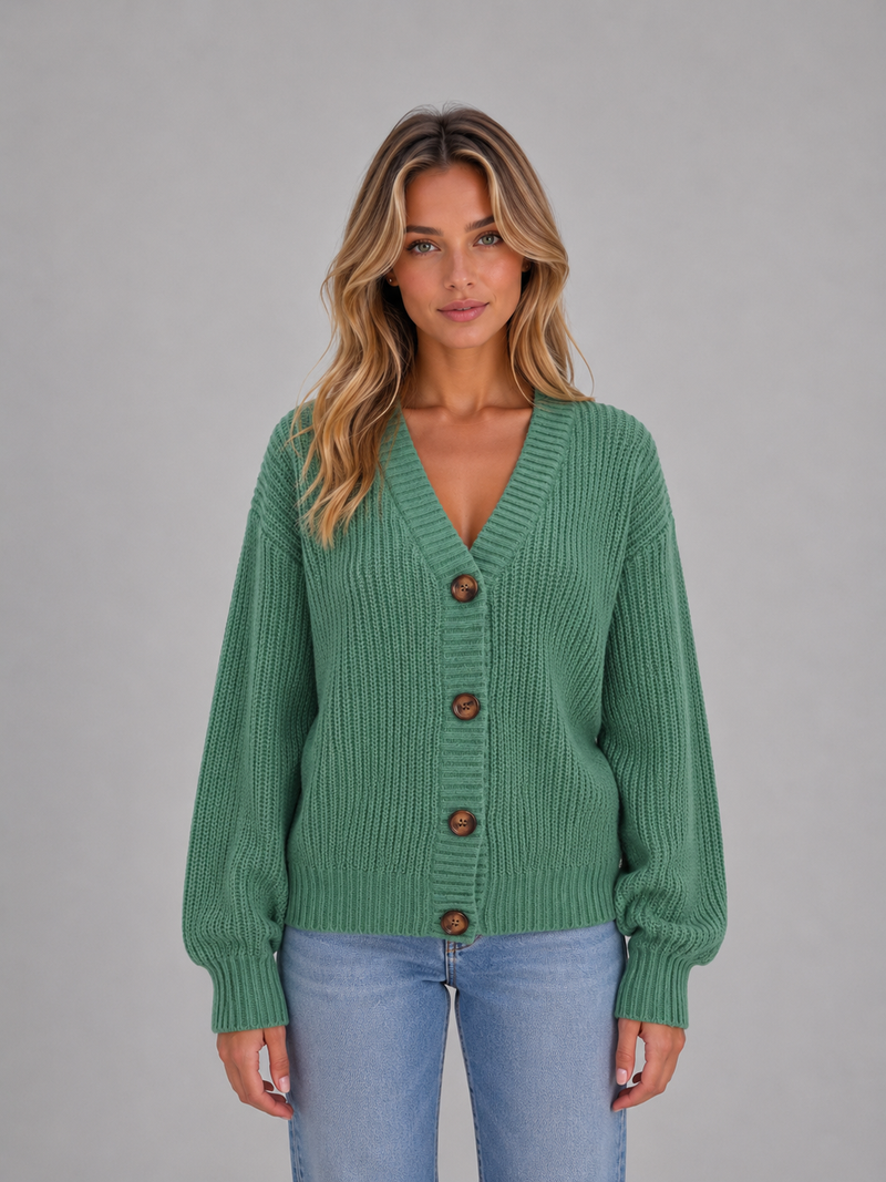 Women's Chunky Knit Cardigan – Button Front Ribbed V-Neck Sweater
