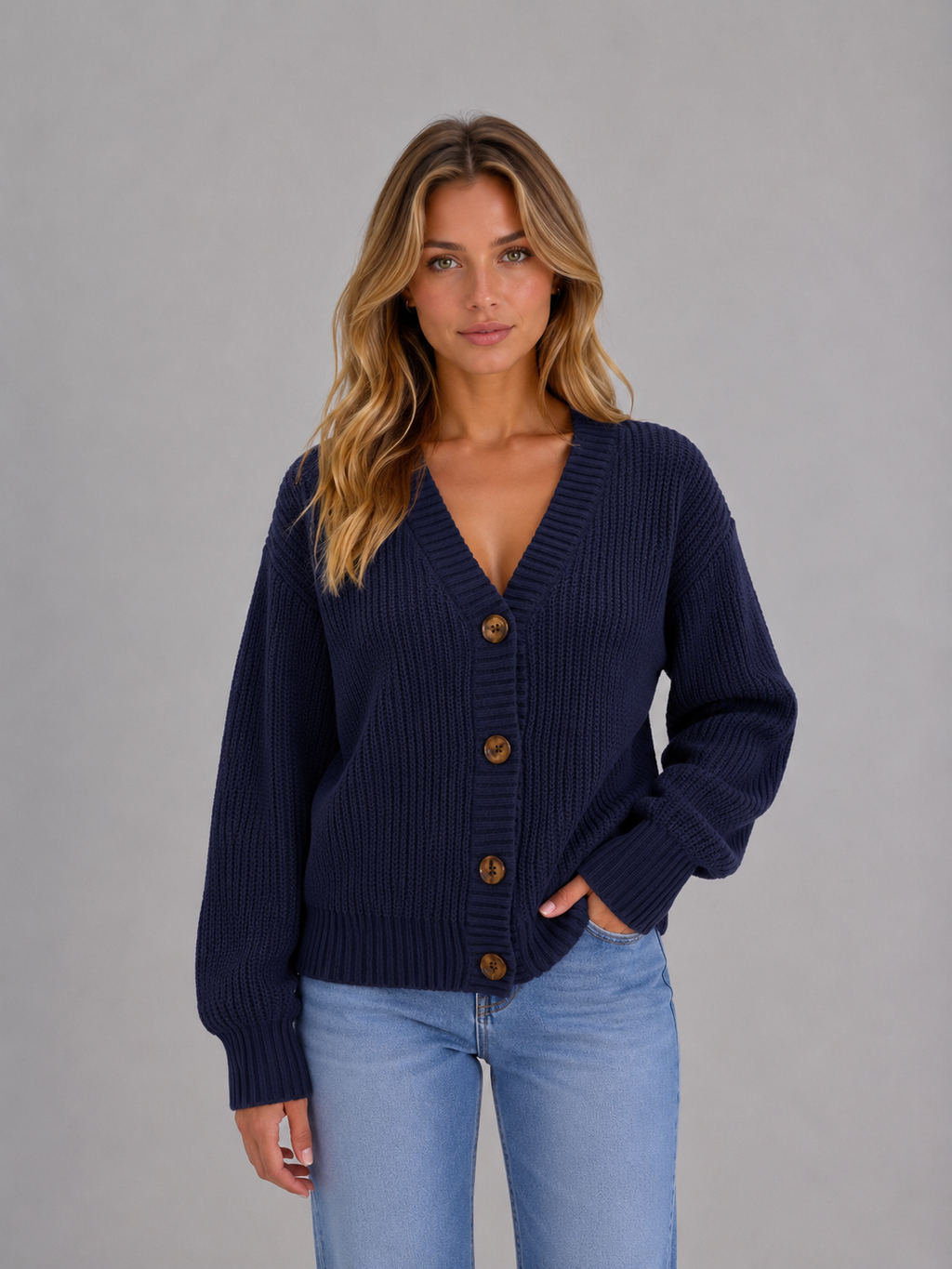 Women's Chunky Knit Cardigan – Button Front Ribbed V-Neck Sweater