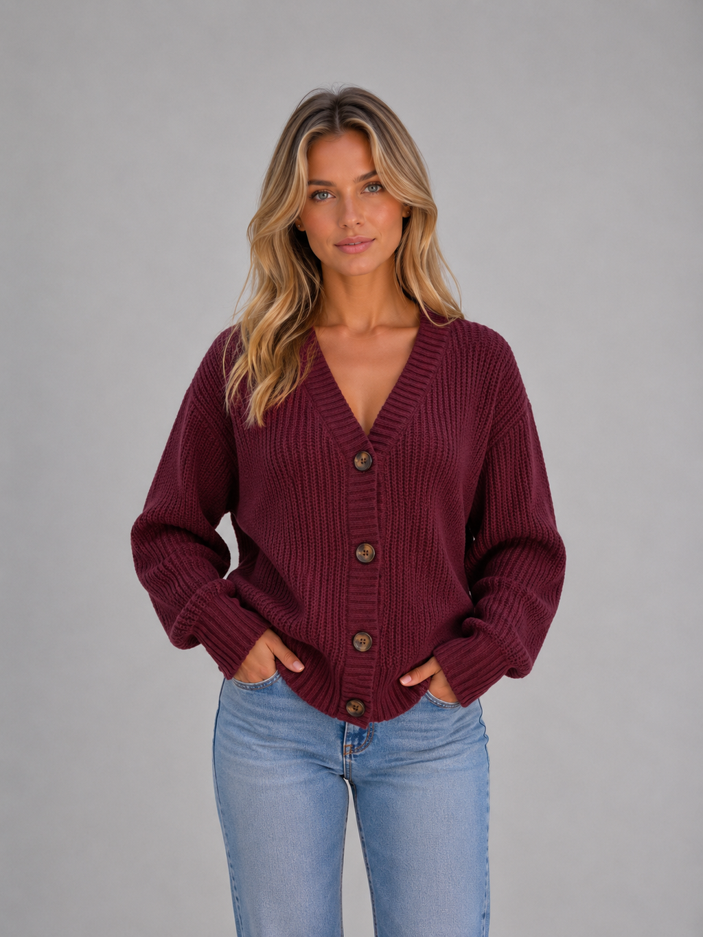 Women's Chunky Knit Cardigan – Button Front Ribbed V-Neck Sweater