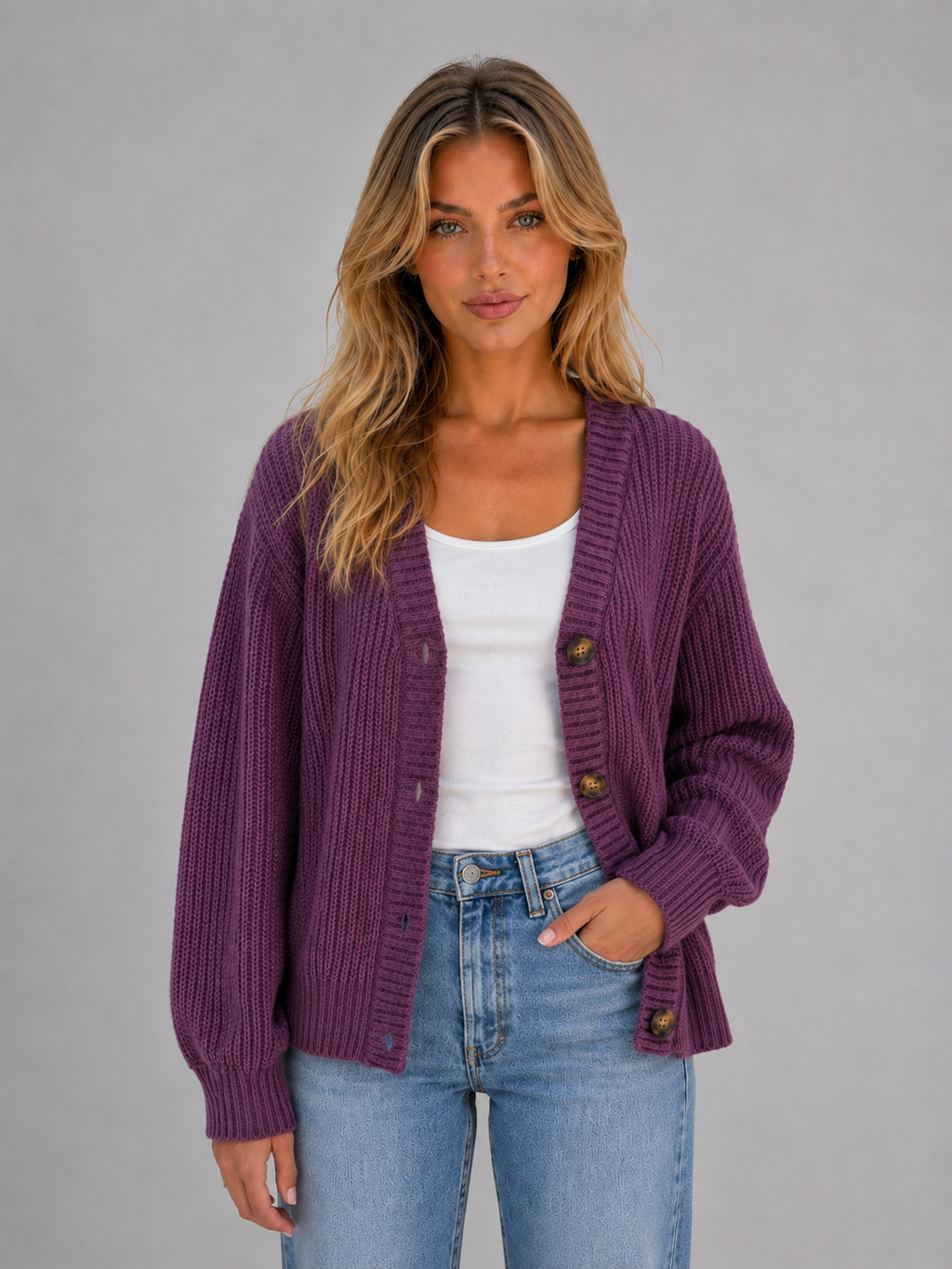 Women's Chunky Knit Cardigan – Button Front Ribbed V-Neck Sweater