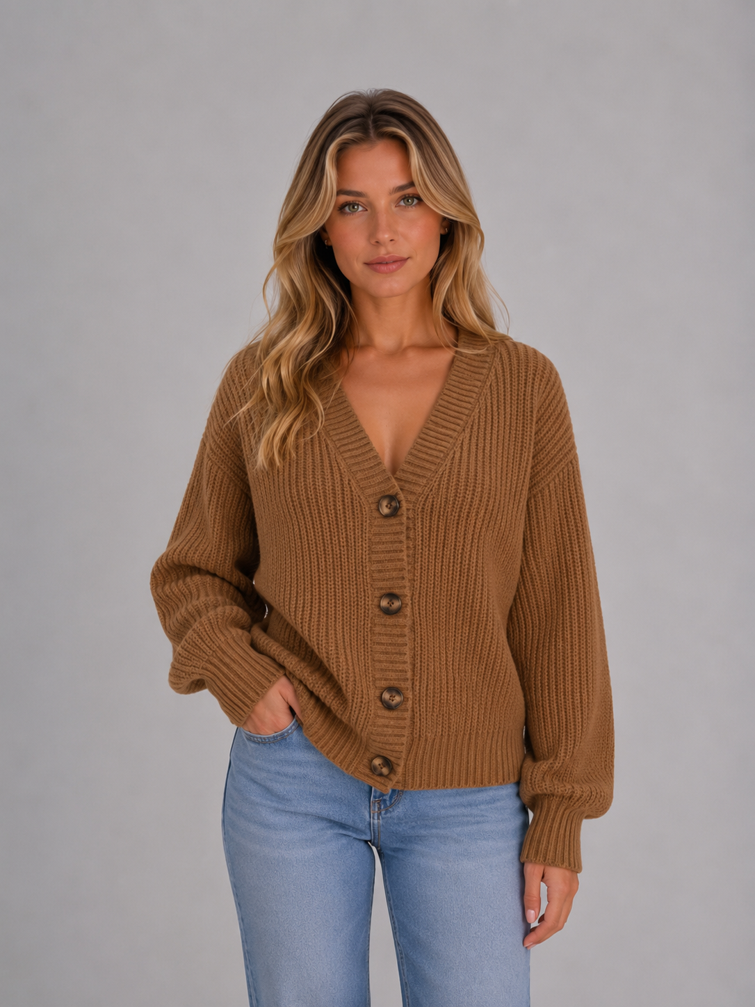 Women's Chunky Knit Cardigan – Button Front Ribbed V-Neck Sweater