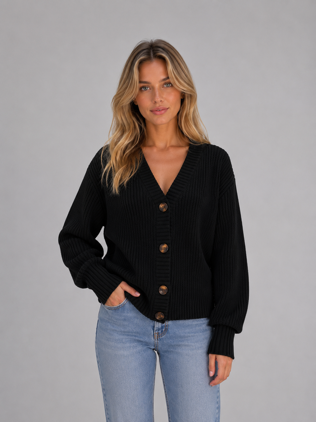 Women's Chunky Knit Cardigan – Button Front Ribbed V-Neck Sweater