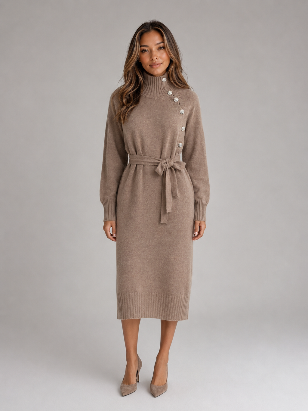 Women’s Cotton Knitted Midi Dress – Turtleneck Belted Sweater Dress